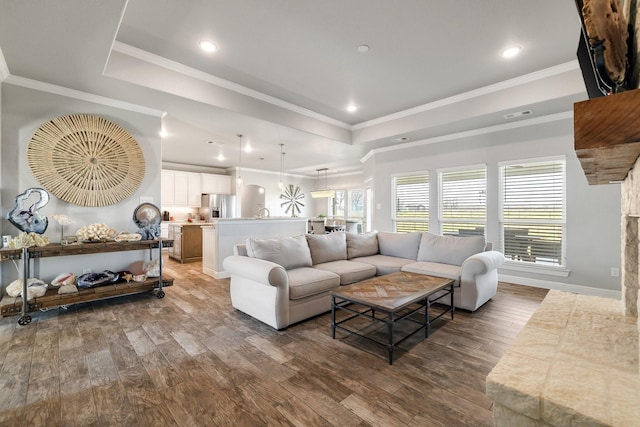 living room featuring dark hardwood / wood-style flooring, ornamental molding, and a raised ceiling