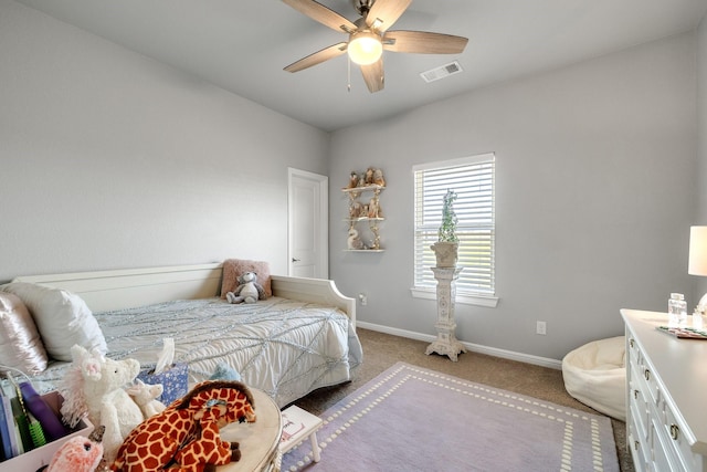 carpeted bedroom featuring ceiling fan