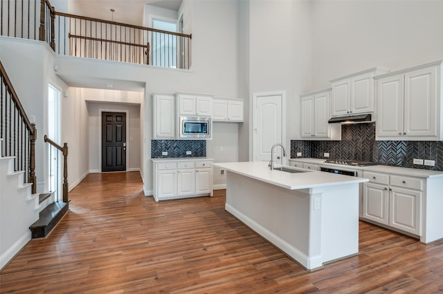 kitchen with appliances with stainless steel finishes, a towering ceiling, white cabinetry, and sink