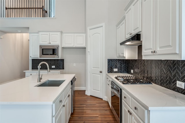 kitchen with light stone countertops, white cabinets, stainless steel appliances, sink, and a kitchen island with sink