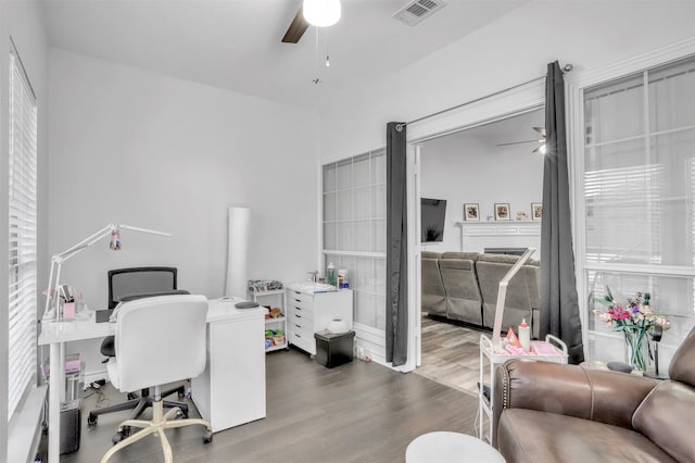 office space featuring hardwood / wood-style flooring and ceiling fan