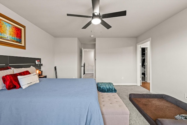 bedroom with ceiling fan, a spacious closet, and carpet floors