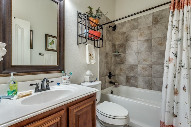 full bathroom featuring toilet, vanity, and shower / tub combo with curtain