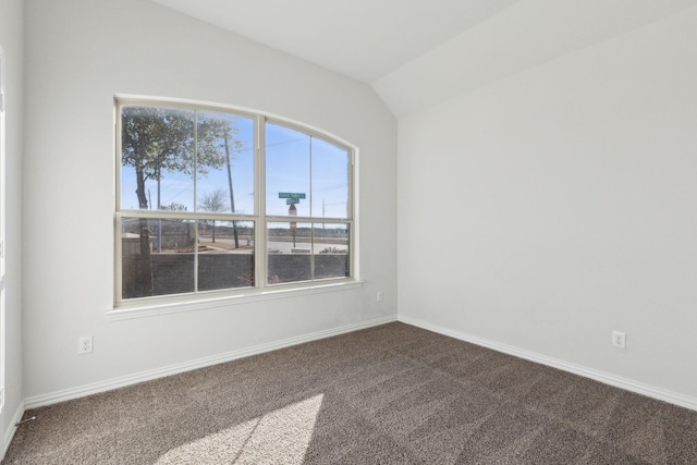 empty room with lofted ceiling and carpet floors