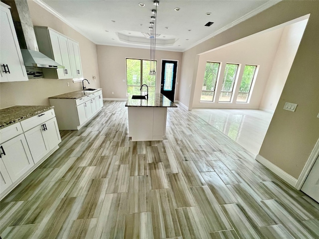 kitchen featuring white cabinets, a kitchen island with sink, and sink