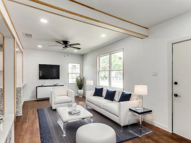 living room with ceiling fan and dark hardwood / wood-style flooring