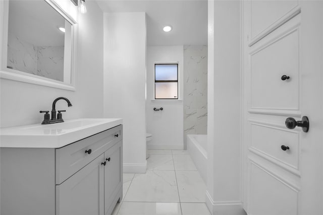 full bathroom featuring bathing tub / shower combination, vanity, and toilet