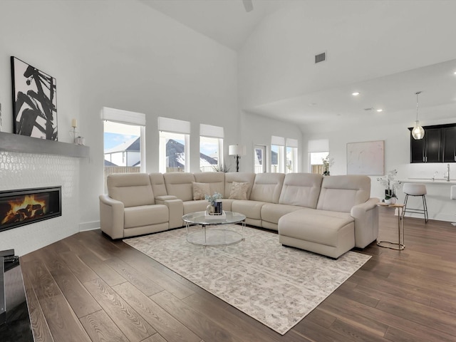 living room with sink, dark wood-type flooring, and high vaulted ceiling