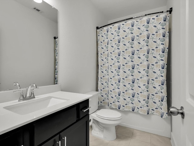 full bathroom featuring toilet, tile patterned flooring, shower / bath combination with curtain, and vanity