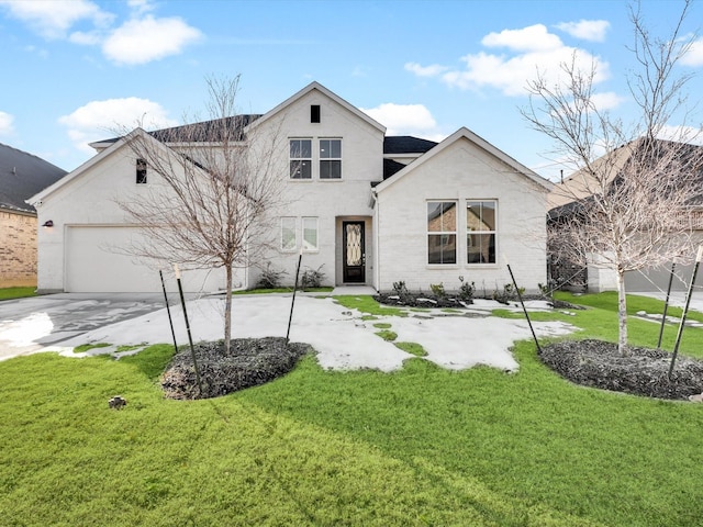 view of front of home with a front yard and a garage