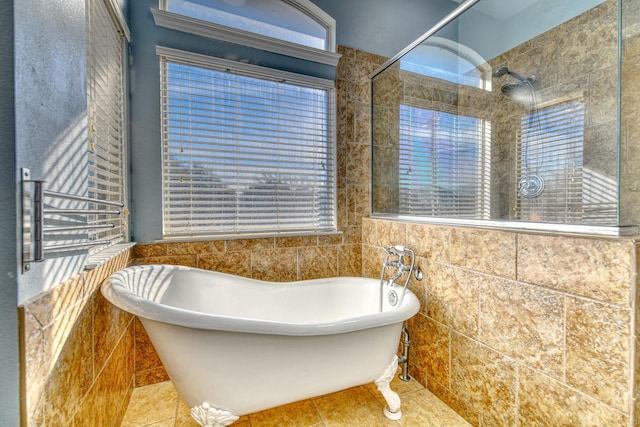 bathroom with a freestanding tub, a healthy amount of sunlight, and a tile shower