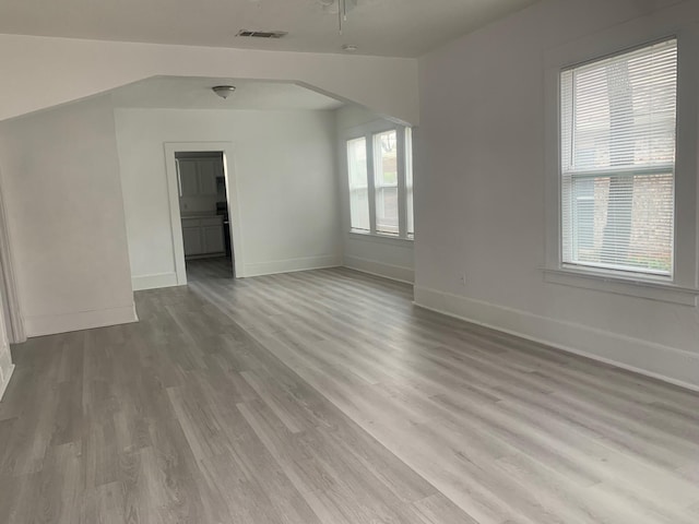 unfurnished living room with light wood-type flooring and plenty of natural light