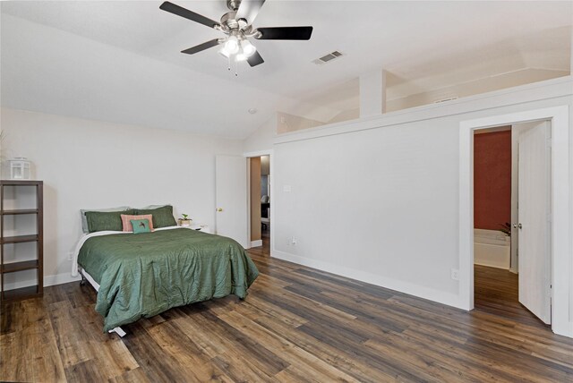 bedroom featuring ceiling fan, vaulted ceiling, and dark wood-type flooring