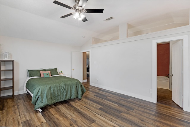 bedroom featuring dark hardwood / wood-style flooring, lofted ceiling, and ceiling fan