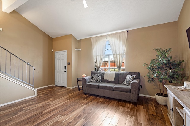 living room with lofted ceiling and dark wood-type flooring