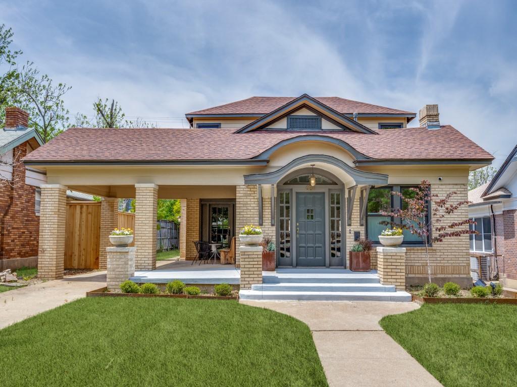 631 N Rosemont Ave, Dallas, TX 75208 - view of front of property with brick siding, a shingled roof, covered porch, and a chimney