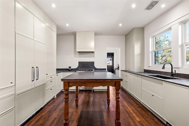 home office featuring sink and dark hardwood / wood-style floors