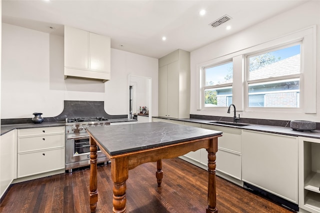 kitchen featuring sink, dark hardwood / wood-style flooring, stainless steel range, and white cabinets