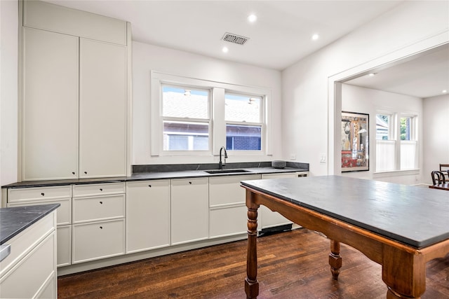 kitchen featuring dark wood-type flooring, white cabinetry, and sink