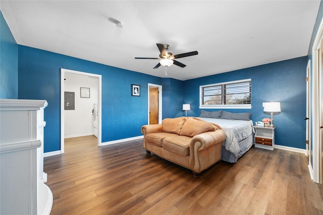 bedroom with hardwood / wood-style floors and ceiling fan