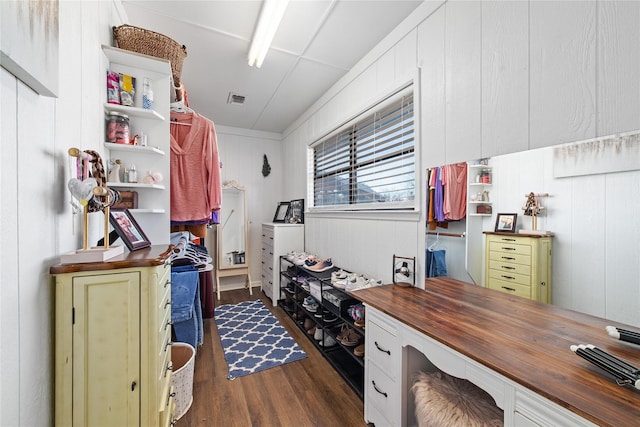 spacious closet featuring dark hardwood / wood-style floors