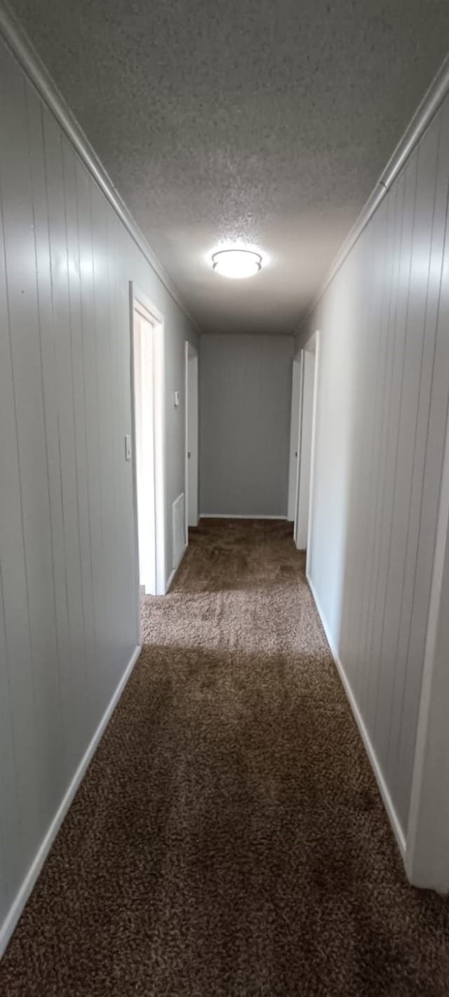 hall with wooden walls, carpet flooring, a textured ceiling, and ornamental molding