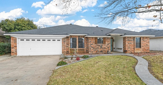 ranch-style home with a front lawn and a garage