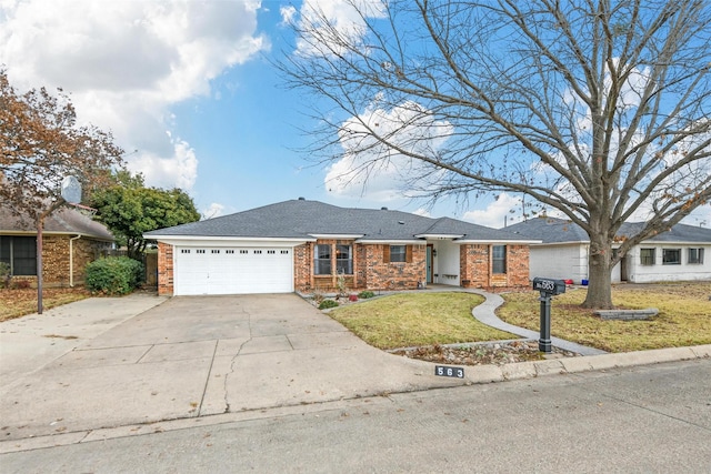 single story home featuring a front yard and a garage