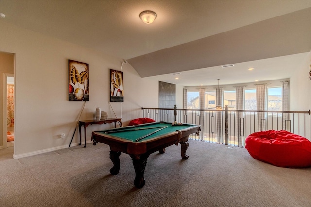 rec room featuring vaulted ceiling, billiards, a healthy amount of sunlight, and carpet flooring