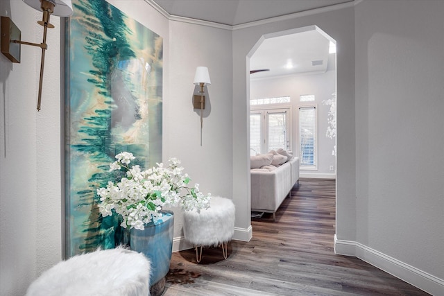 hallway with ornamental molding and dark hardwood / wood-style flooring