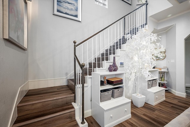 stairway with ornamental molding and wood-type flooring