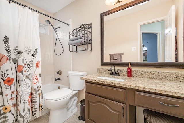 full bathroom with toilet, vanity, and shower / bath combination with curtain