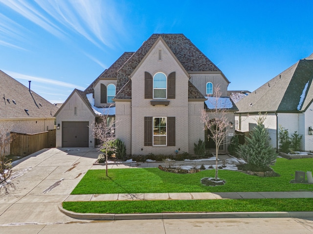 french provincial home featuring a garage and a front lawn