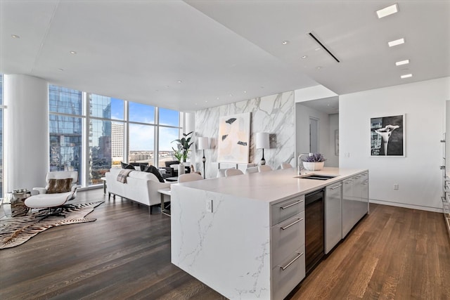 kitchen featuring floor to ceiling windows, a kitchen island with sink, dark hardwood / wood-style flooring, and sink