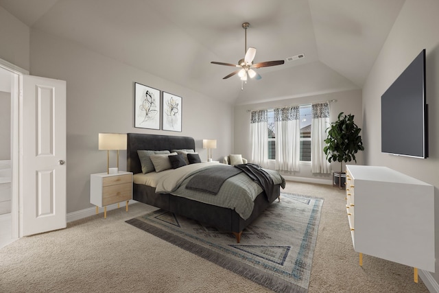 carpeted bedroom with lofted ceiling and ceiling fan