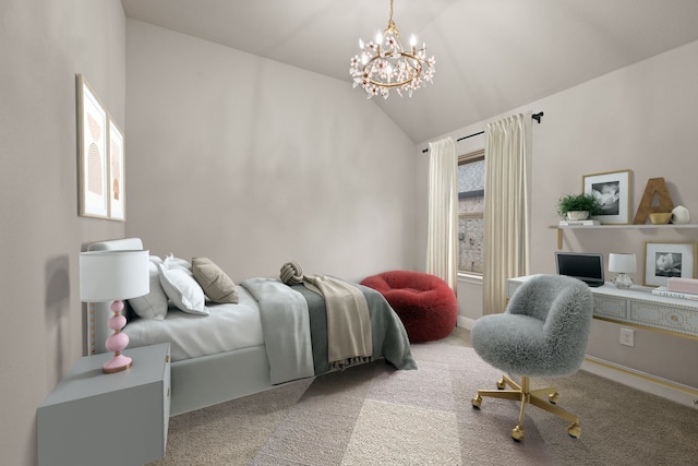 bedroom featuring lofted ceiling, an inviting chandelier, and carpet flooring