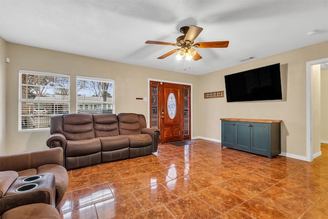 living room with ceiling fan