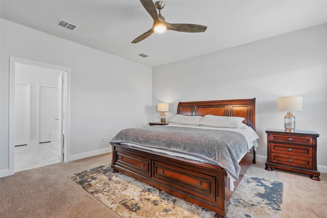 bedroom featuring ceiling fan and light colored carpet