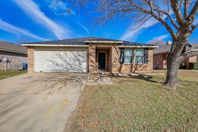 single story home featuring central air condition unit, a front lawn, and a garage