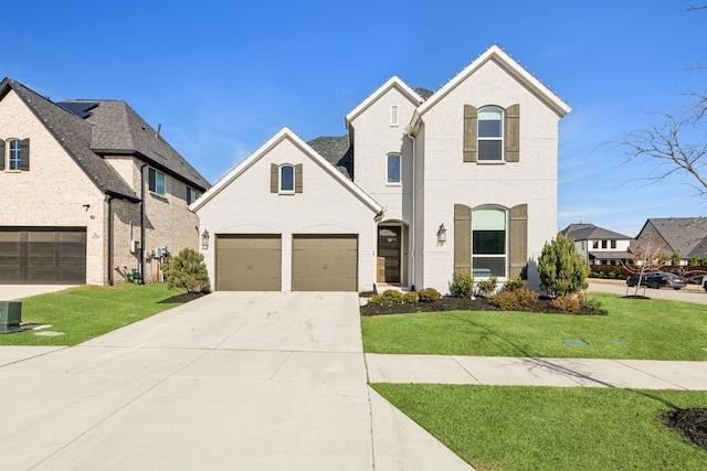 french provincial home with central air condition unit, a front lawn, and a garage