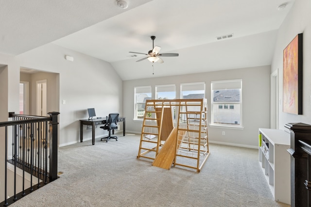 carpeted bedroom featuring lofted ceiling and ceiling fan