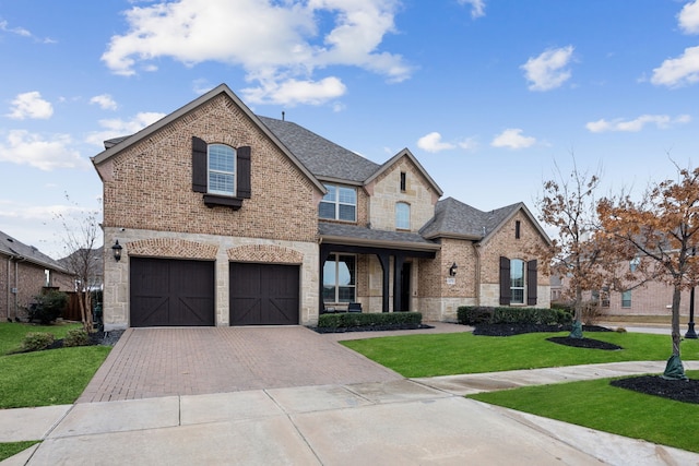 view of front of property with a garage and a front lawn