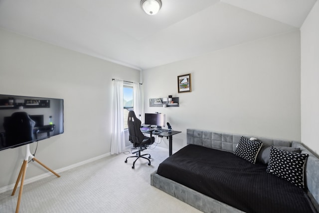 office with baseboards and light colored carpet