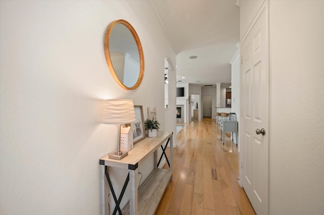 hallway featuring light wood-type flooring and crown molding