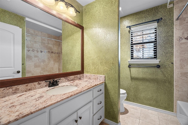 full bathroom with shower / tub combination, vanity, toilet, and tile patterned flooring