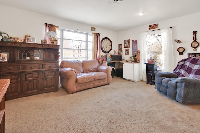 living room featuring light carpet