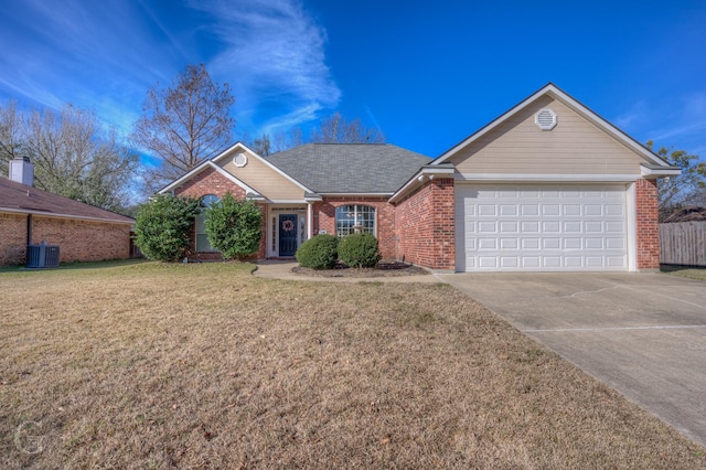 ranch-style home featuring a front lawn, a garage, and central AC