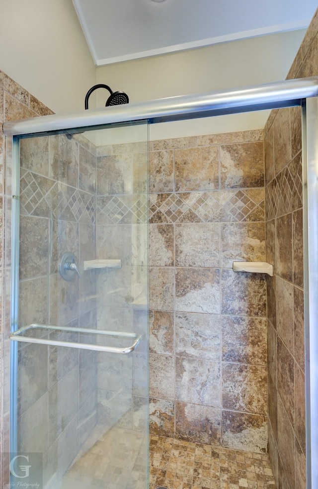 details with a shower with door