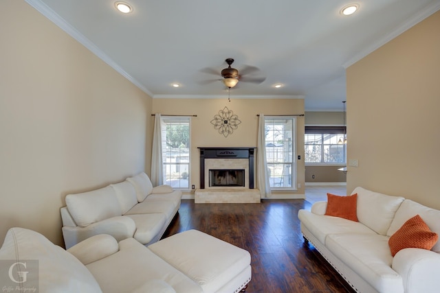 living room with ceiling fan, dark wood-type flooring, and ornamental molding