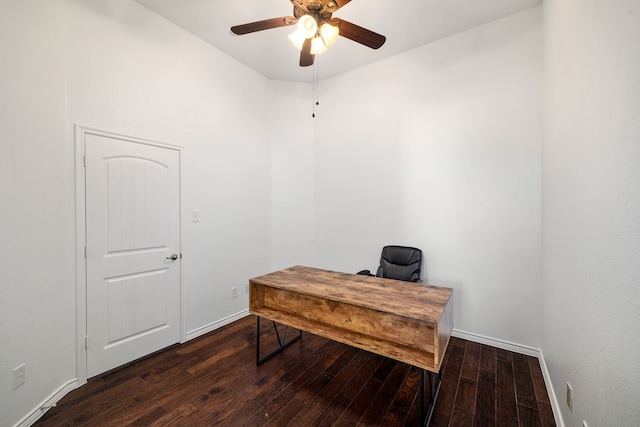 office area with baseboards, a ceiling fan, and wood finished floors